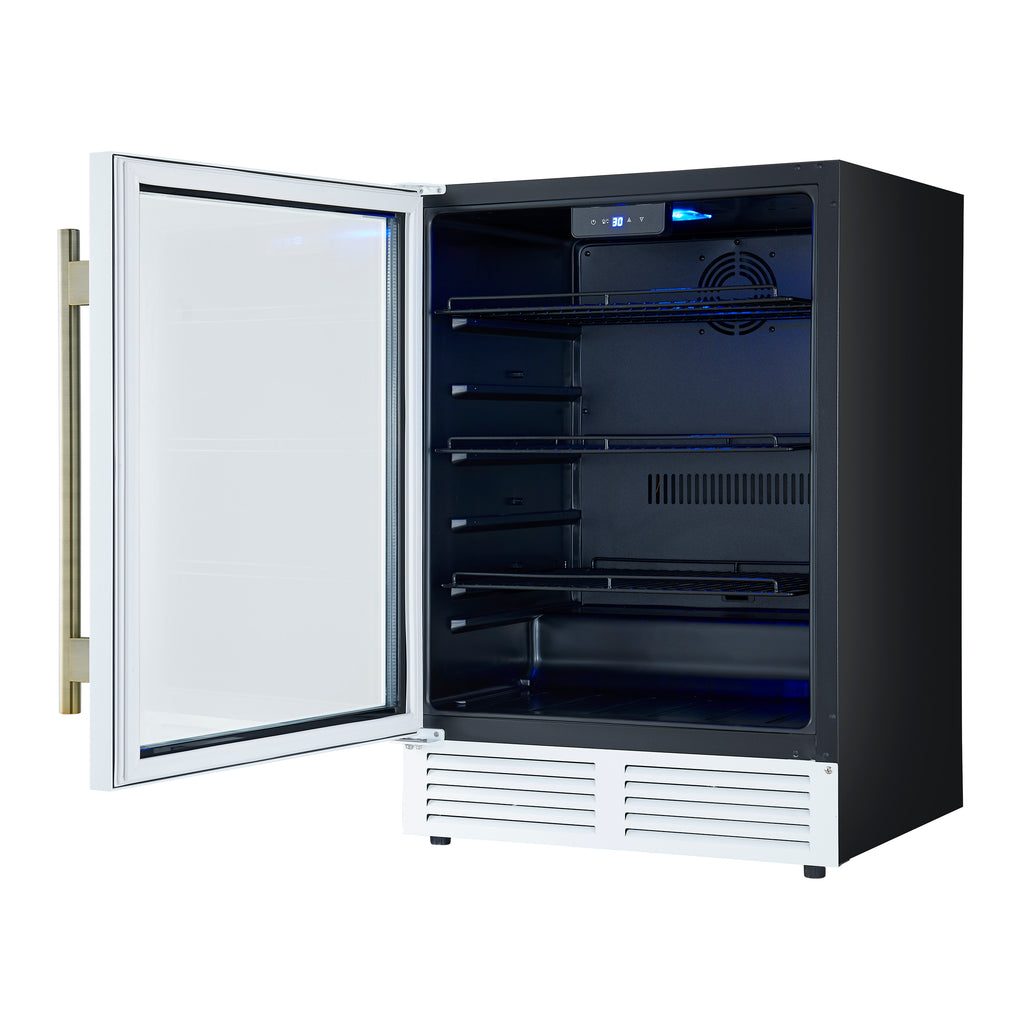 Forno Frescolino 24 Inch Beverage Cooler, White with Antique Brass Handles, with LED Lighting, Triple Glass Door, 188 Can Capacity, Built-In or Freestanding